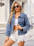 Pearl Trim Long Sleeve Denim Jacket - Trendsi