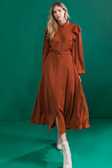 TIER ELEGANCE BROWN WOVEN MIDI DRESS - Flying Tomato - Flyclothing LLC