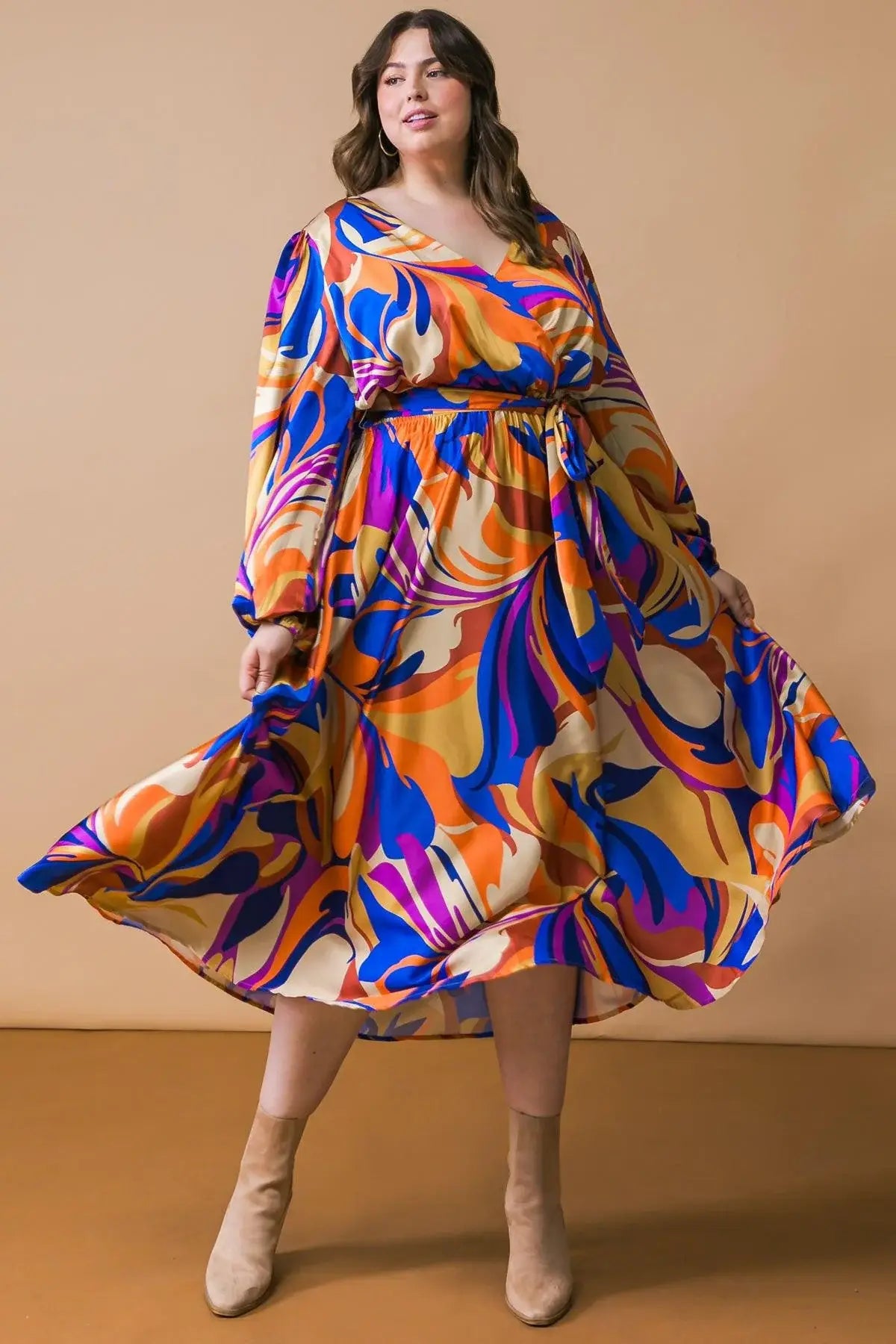 BOLD ADVENTURES WOVEN SATIN MIDI DRESS - Flying Tomato - Flyclothing LLC