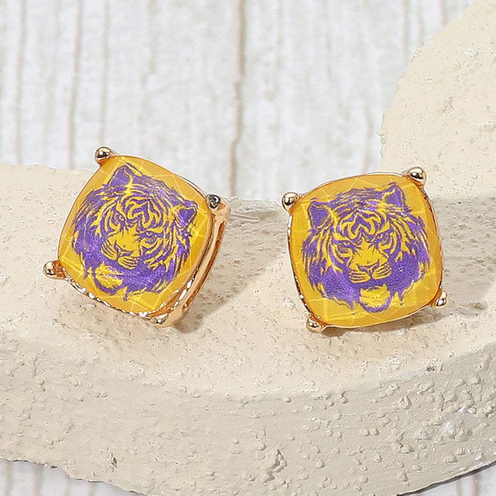 Fierce Tiger Face Printed Game Day Cushion Square Stud Earrings - Madeline Love - Flyclothing LLC