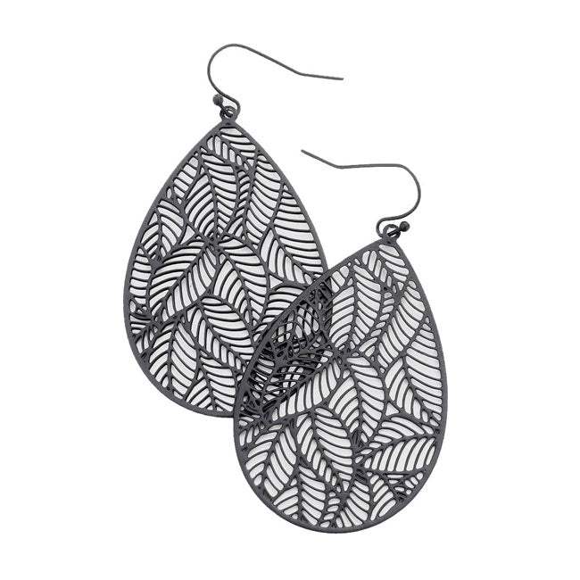 Filigree Leaf Detail Brass Metal Teardrop Dangle Earrings - Madeline Love - Flyclothing LLC