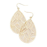 Filigree Leaf Detail Brass Metal Teardrop Dangle Earrings - Madeline Love - Flyclothing LLC