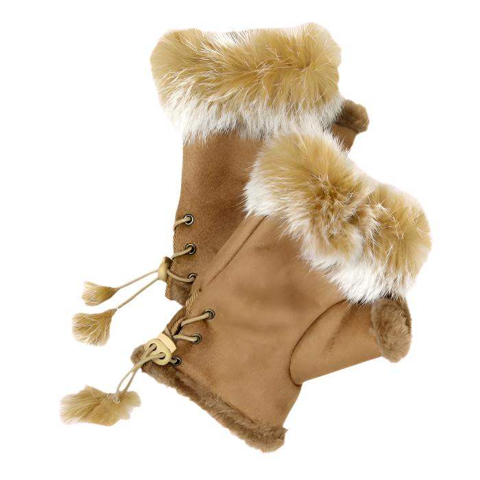 Fingerless Faux Fur Trim Faux Suede Gloves Drawstring - Madeline Love - Flyclothing LLC