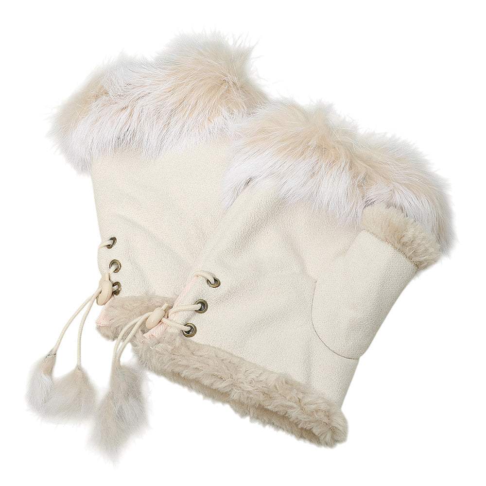 Fingerless Faux Fur Trim Faux Suede Gloves Drawstring - Madeline Love - Flyclothing LLC