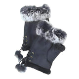 Fingerless Faux Fur Trim Faux Suede Gloves Drawstring - Madeline Love - Flyclothing LLC