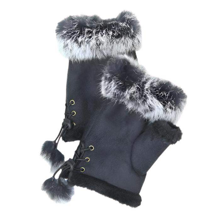 Fingerless Faux Fur Trim Faux Suede Gloves Drawstring - Madeline Love - Flyclothing LLC