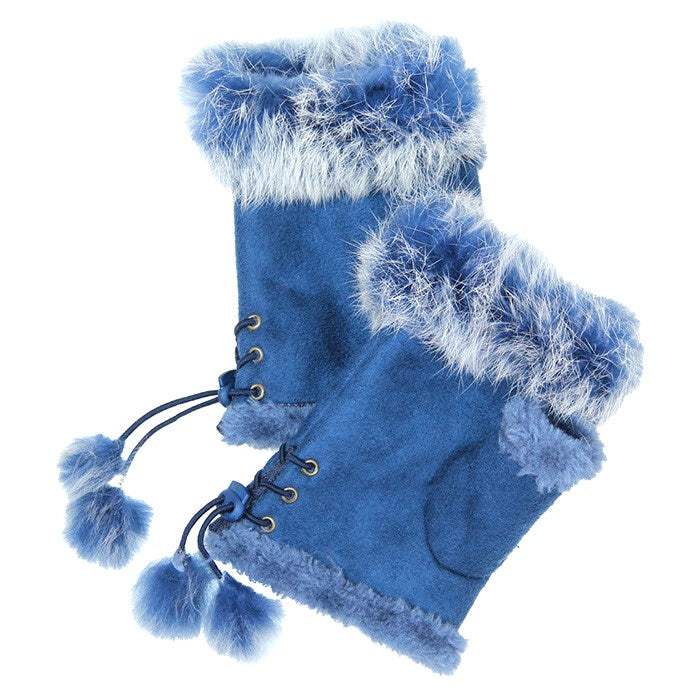 Fingerless Faux Fur Trim Faux Suede Gloves Drawstring - Madeline Love - Flyclothing LLC