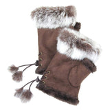 Fingerless Faux Fur Trim Faux Suede Gloves Drawstring - Madeline Love - Flyclothing LLC