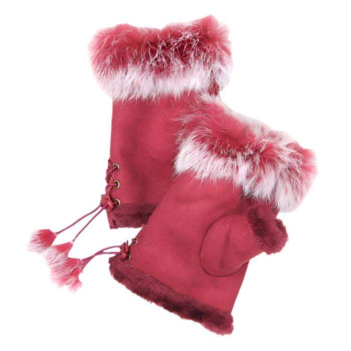 Fingerless Faux Fur Trim Faux Suede Gloves Drawstring - Madeline Love - Flyclothing LLC