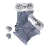 Fingerless Faux Fur Trim Faux Suede Gloves Drawstring - Madeline Love - Flyclothing LLC