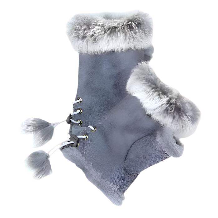 Fingerless Faux Fur Trim Faux Suede Gloves Drawstring - Madeline Love - Flyclothing LLC