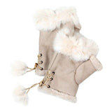 Fingerless Faux Fur Trim Faux Suede Gloves Drawstring - Madeline Love - Flyclothing LLC