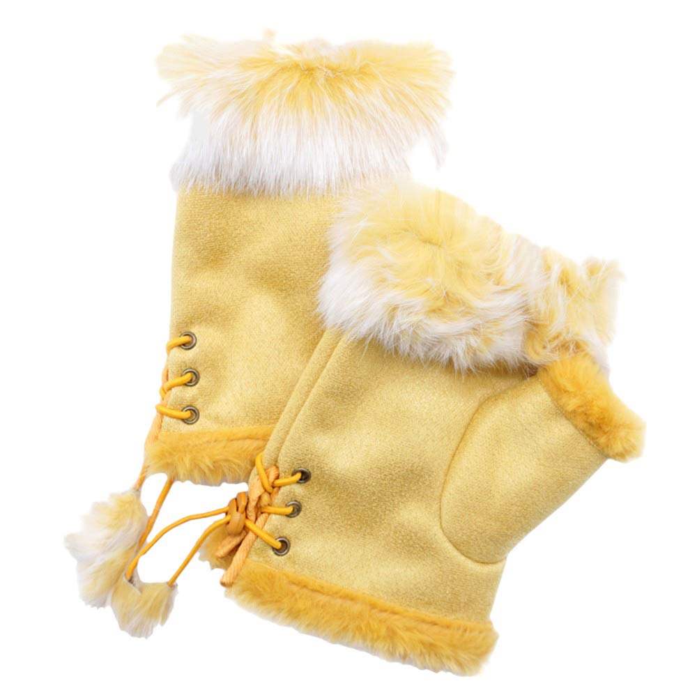 Fingerless Faux Fur Trim Faux Suede Gloves Drawstring - Madeline Love - Flyclothing LLC