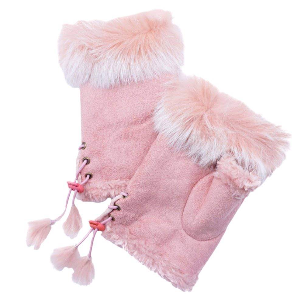 Fingerless Faux Fur Trim Faux Suede Gloves Drawstring - Madeline Love - Flyclothing LLC