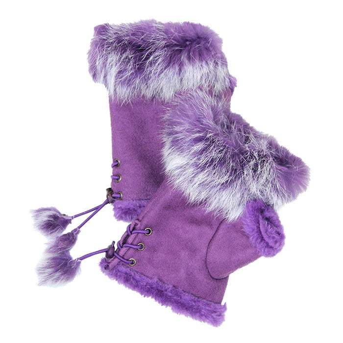 Fingerless Faux Fur Trim Faux Suede Gloves Drawstring - Madeline Love - Flyclothing LLC