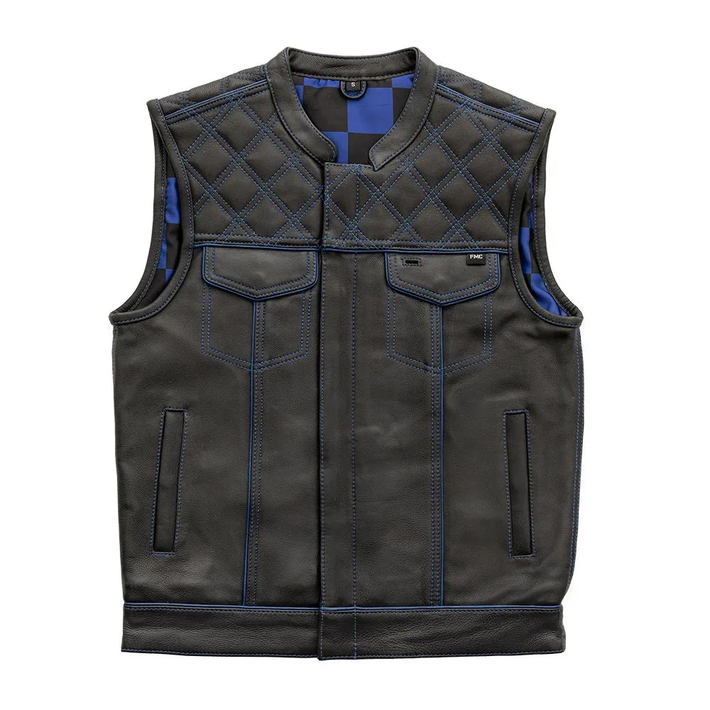 Finish Line - Blue Checker - Men's Motorcycle Leather Vest - First Manufacturing Company - Flyclothing LLC