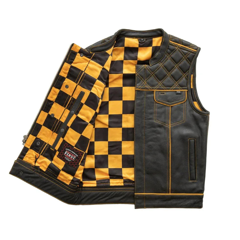 Finish Line - Gold Checker - Men's Motorcycle Leather Vest - First Manufacturing Company - Flyclothing LLC