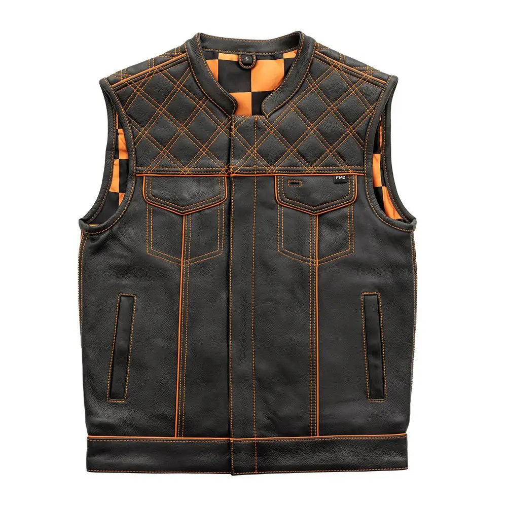 Finish Line - Orange Checker - Men's Motorcycle Leather Vest - First Manufacturing Company - Flyclothing LLC