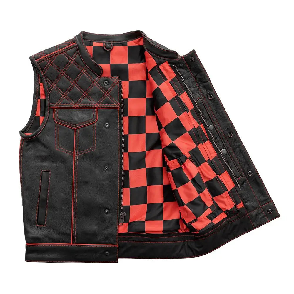 Finish Line - Red Checker - Men's Motorcycle Leather Vest - First Manufacturing Company - Flyclothing LLC