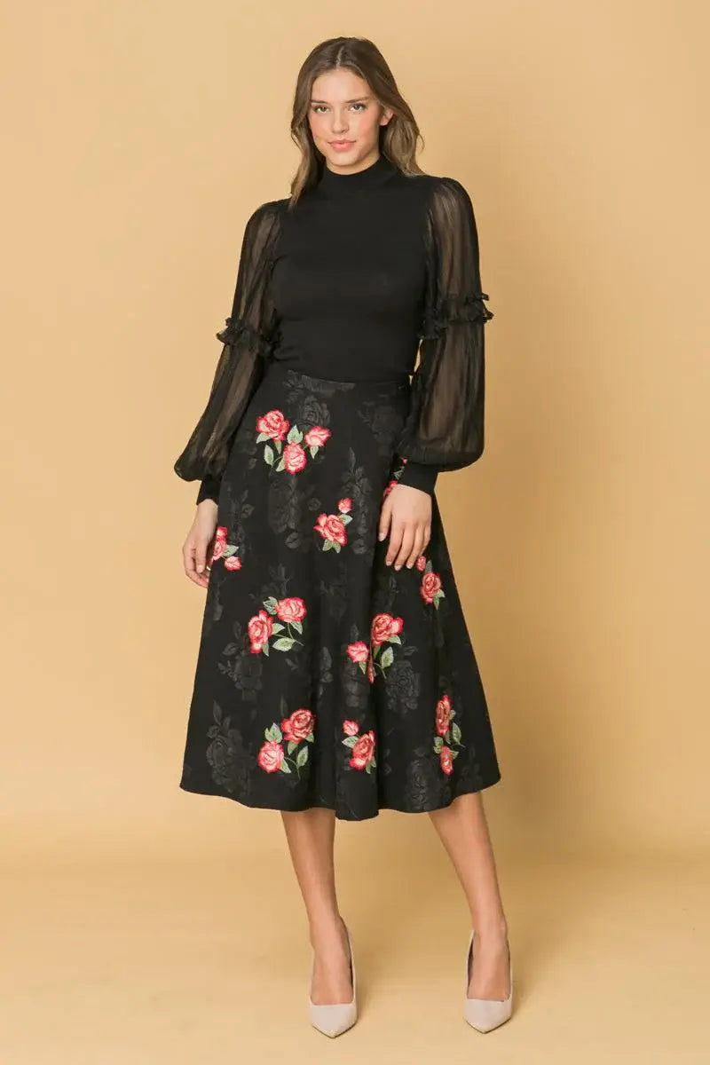 ROSE EMBROIDERY MIDI SKIRT - Flying Tomato - Flyclothing LLC