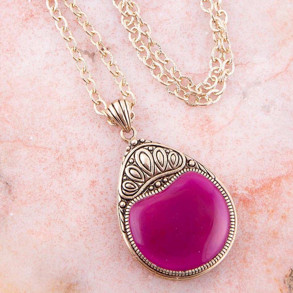 Flamenco Pink Magenta Agate Golden Pendant Necklace - Barse Jewelry - Flyclothing LLC