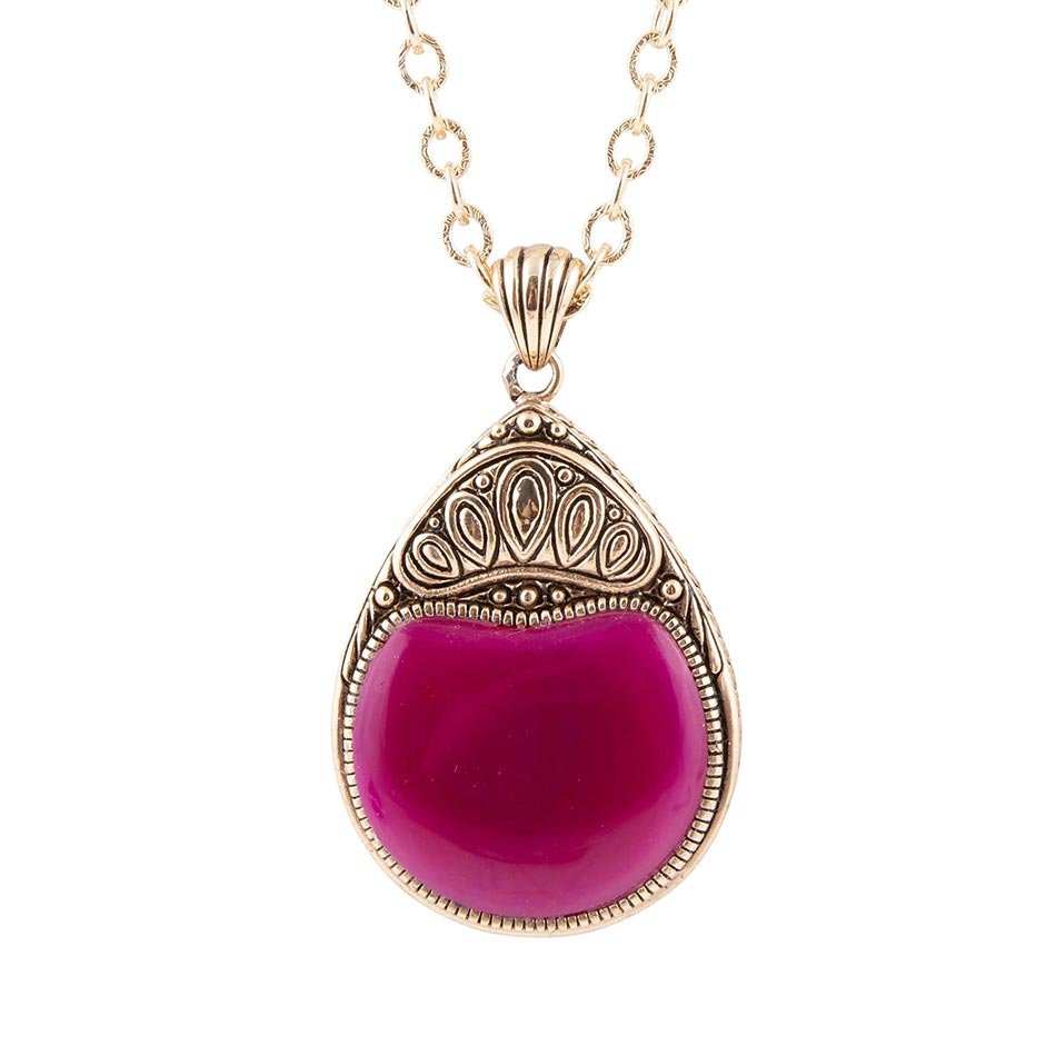 Flamenco Pink Magenta Agate Golden Pendant Necklace - Barse Jewelry