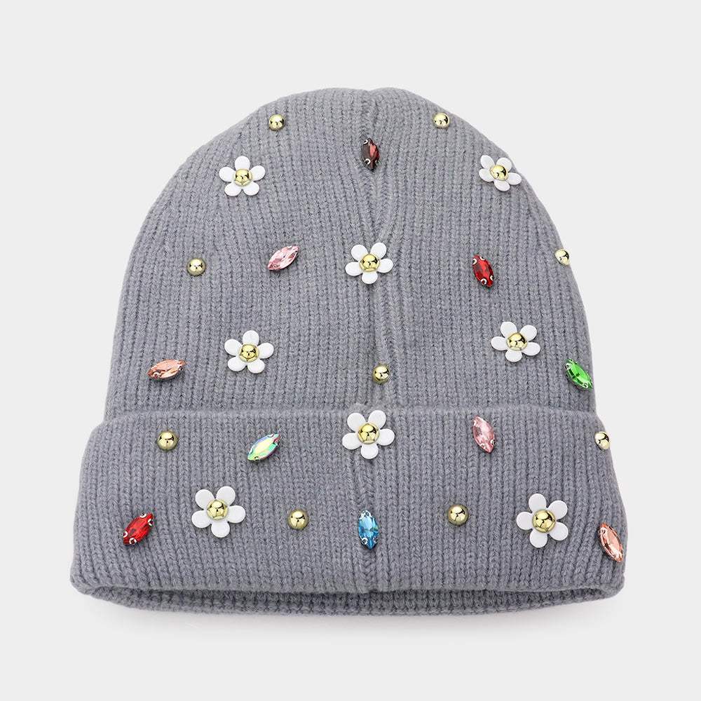 Fleece Lining Daisy Flower Stone Embellished Solid Knit Beanie Hat - Madeline Love - Flyclothing LLC