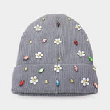 Fleece Lining Daisy Flower Stone Embellished Solid Knit Beanie Hat - Madeline Love - Flyclothing LLC