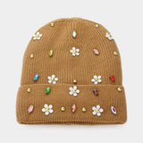 Fleece Lining Daisy Flower Stone Embellished Solid Knit Beanie Hat - Madeline Love - Flyclothing LLC