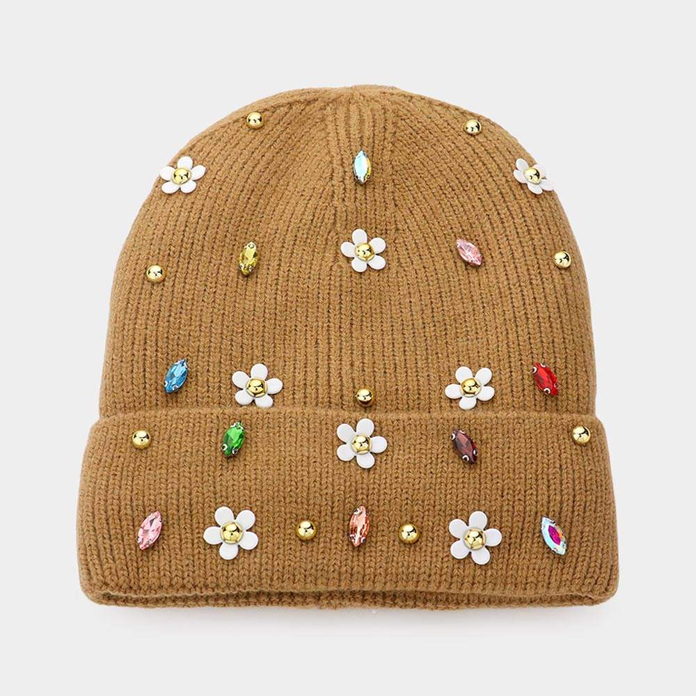 Fleece Lining Daisy Flower Stone Embellished Solid Knit Beanie Hat - Madeline Love - Flyclothing LLC