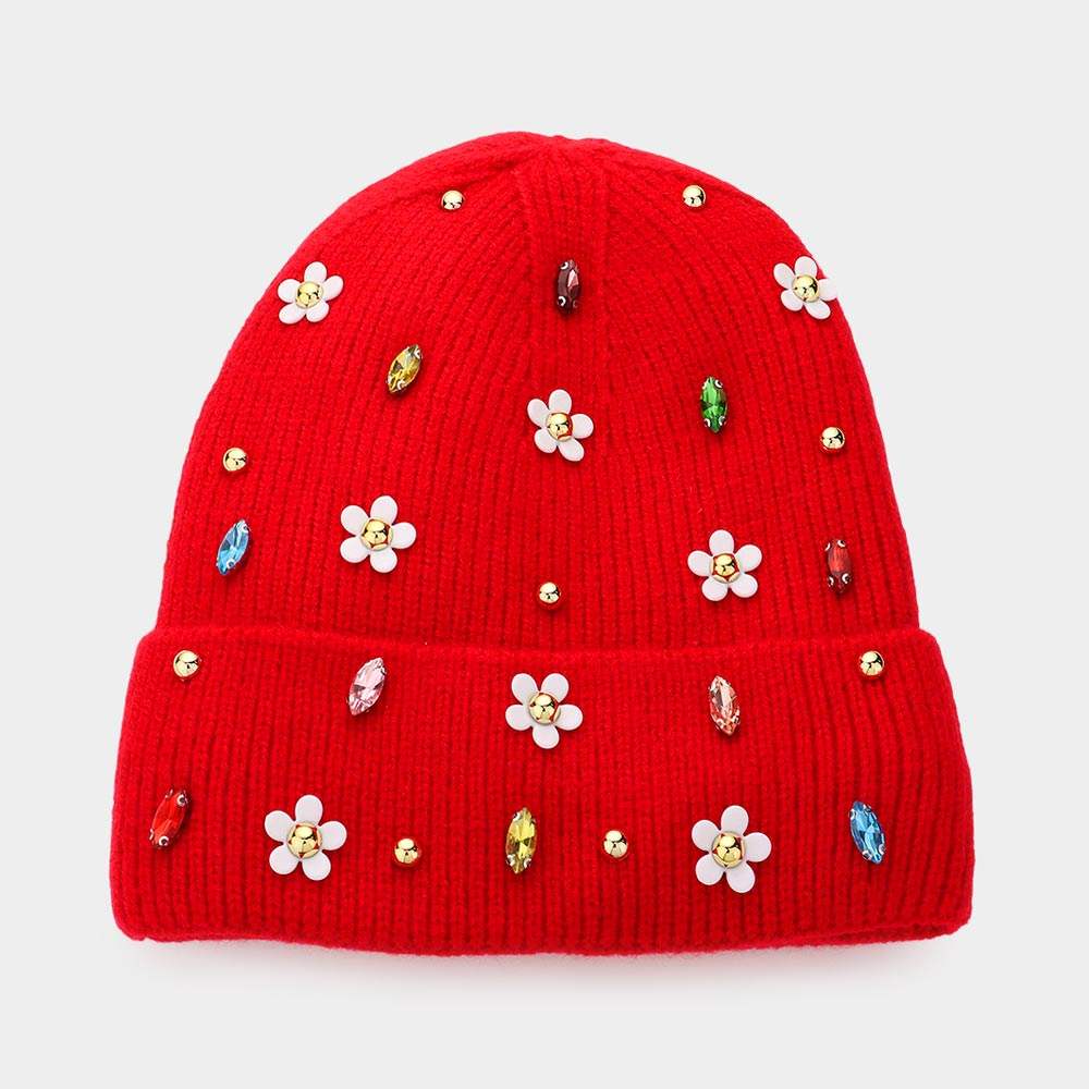 Fleece Lining Daisy Flower Stone Embellished Solid Knit Beanie Hat - Madeline Love - Flyclothing LLC