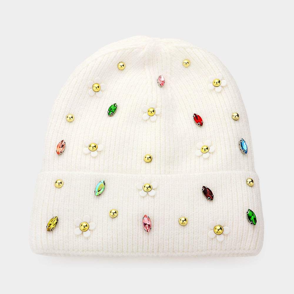 Fleece Lining Daisy Flower Stone Embellished Solid Knit Beanie Hat - Madeline Love - Flyclothing LLC