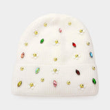 Fleece Lining Daisy Flower Stone Embellished Solid Knit Beanie Hat - Madeline Love - Flyclothing LLC
