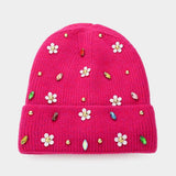 Fleece Lining Daisy Flower Stone Embellished Solid Knit Beanie Hat - Madeline Love - Flyclothing LLC
