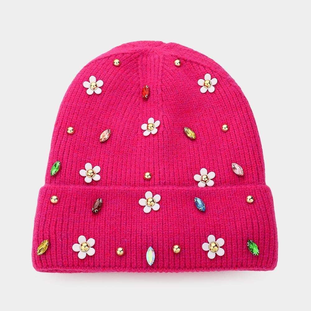Fleece Lining Daisy Flower Stone Embellished Solid Knit Beanie Hat - Madeline Love - Flyclothing LLC
