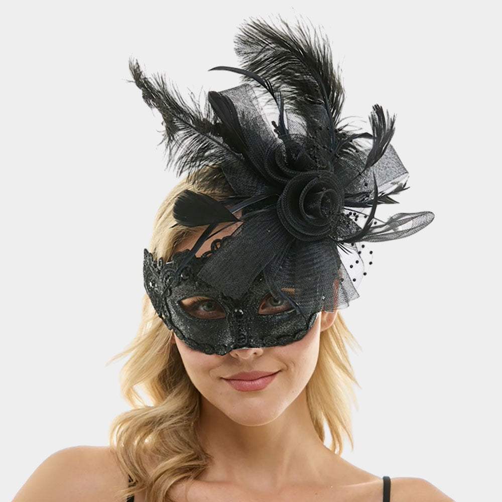 Floral Bow Accent Feather Masquerade Halloween Mask - Madeline Love - Flyclothing LLC