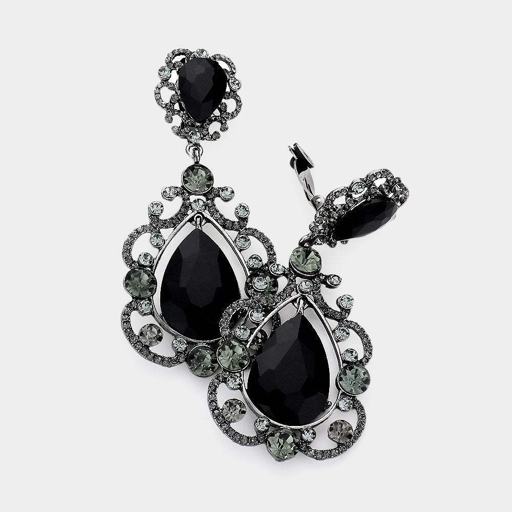 Floral Crystal Teardrop Clip On Evening Earrings - Madeline Love - Flyclothing LLC