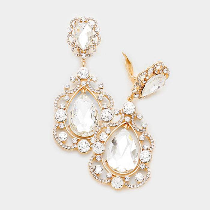 Floral Crystal Teardrop Clip On Evening Earrings - Madeline Love - Flyclothing LLC