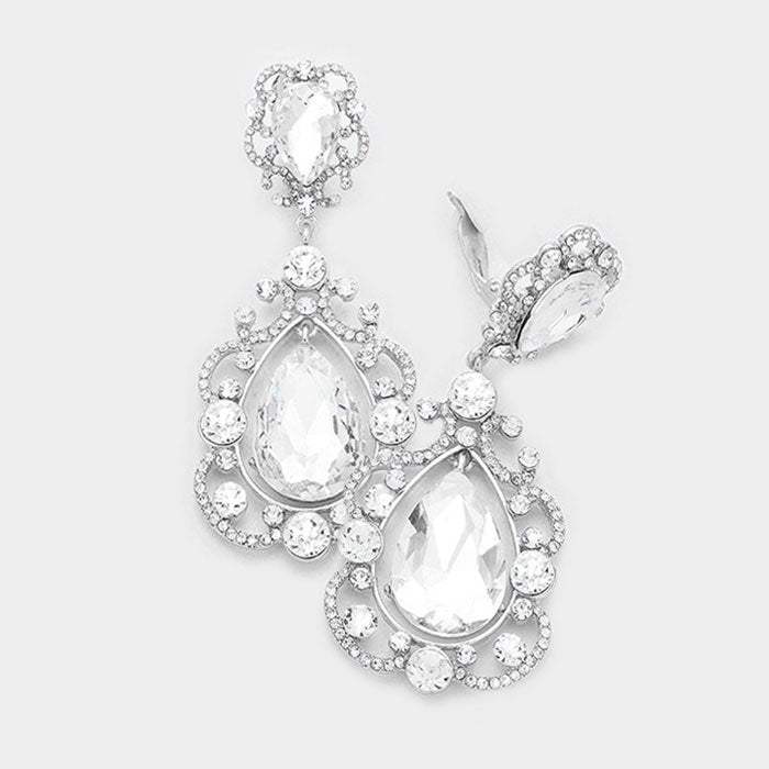 Floral Crystal Teardrop Clip On Evening Earrings - Madeline Love - Flyclothing LLC