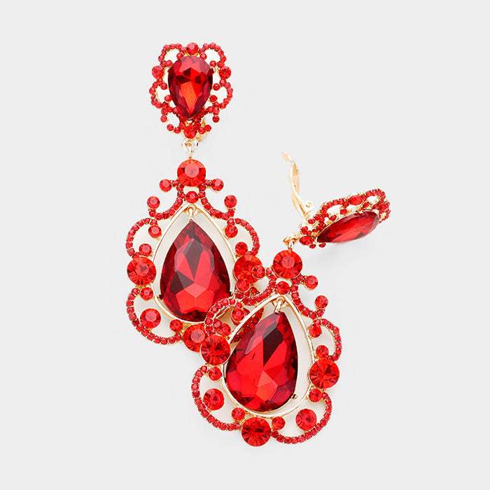 Floral Crystal Teardrop Clip On Evening Earrings - Madeline Love - Flyclothing LLC