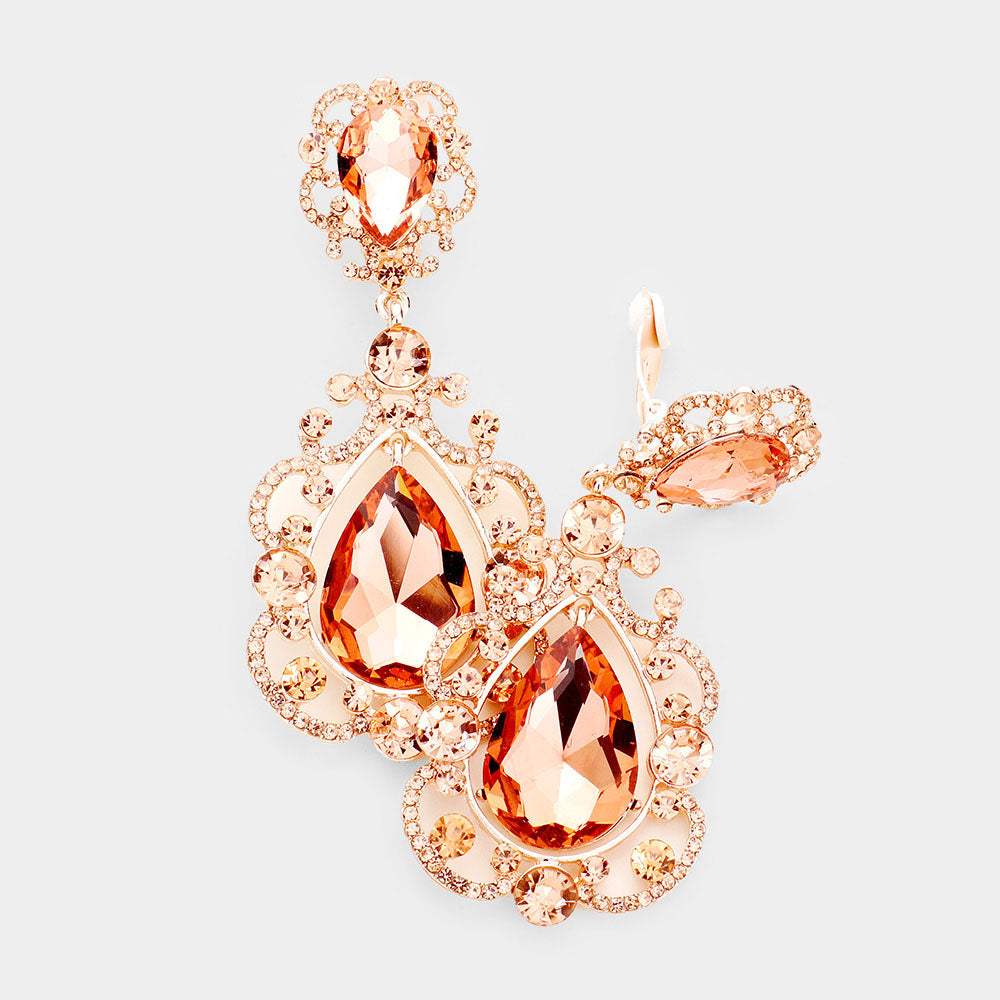 Floral Crystal Teardrop Clip On Evening Earrings - Madeline Love - Flyclothing LLC