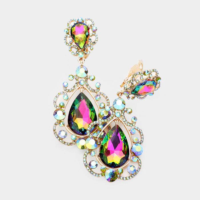 Floral Crystal Teardrop Clip On Evening Earrings - Madeline Love - Flyclothing LLC