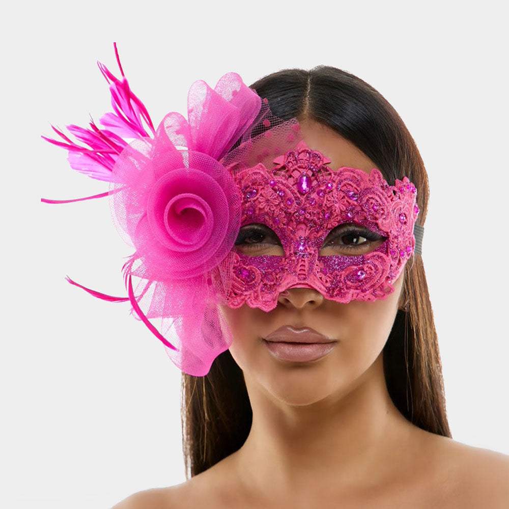 Floral Lace Feather Tulle Masquerade Halloween Mask - Madeline Love - Flyclothing LLC