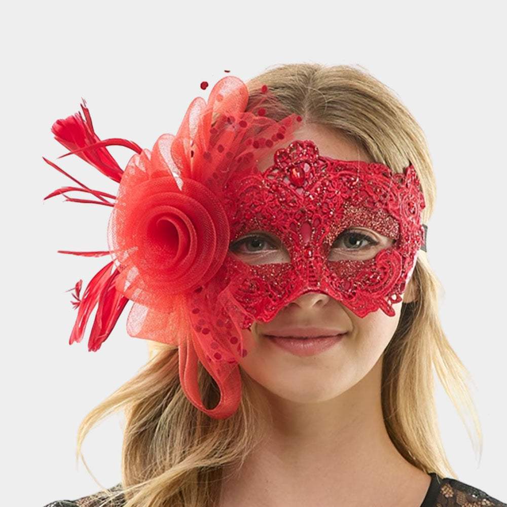 Floral Lace Feather Tulle Masquerade Halloween Mask - Madeline Love - Flyclothing LLC
