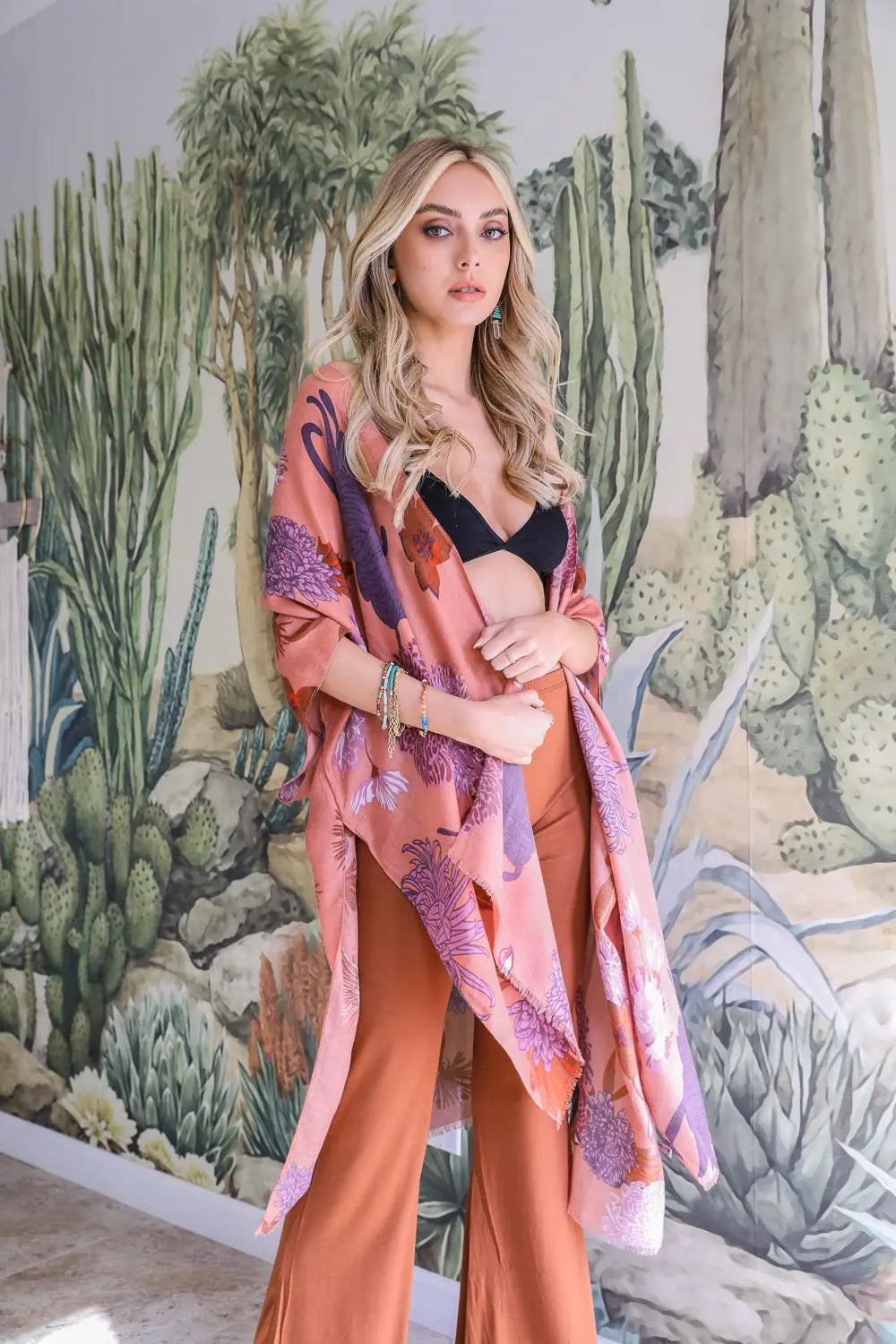 Floral Motif Combo Kimono - Boho Clothing and Accessories - Flyclothing LLC