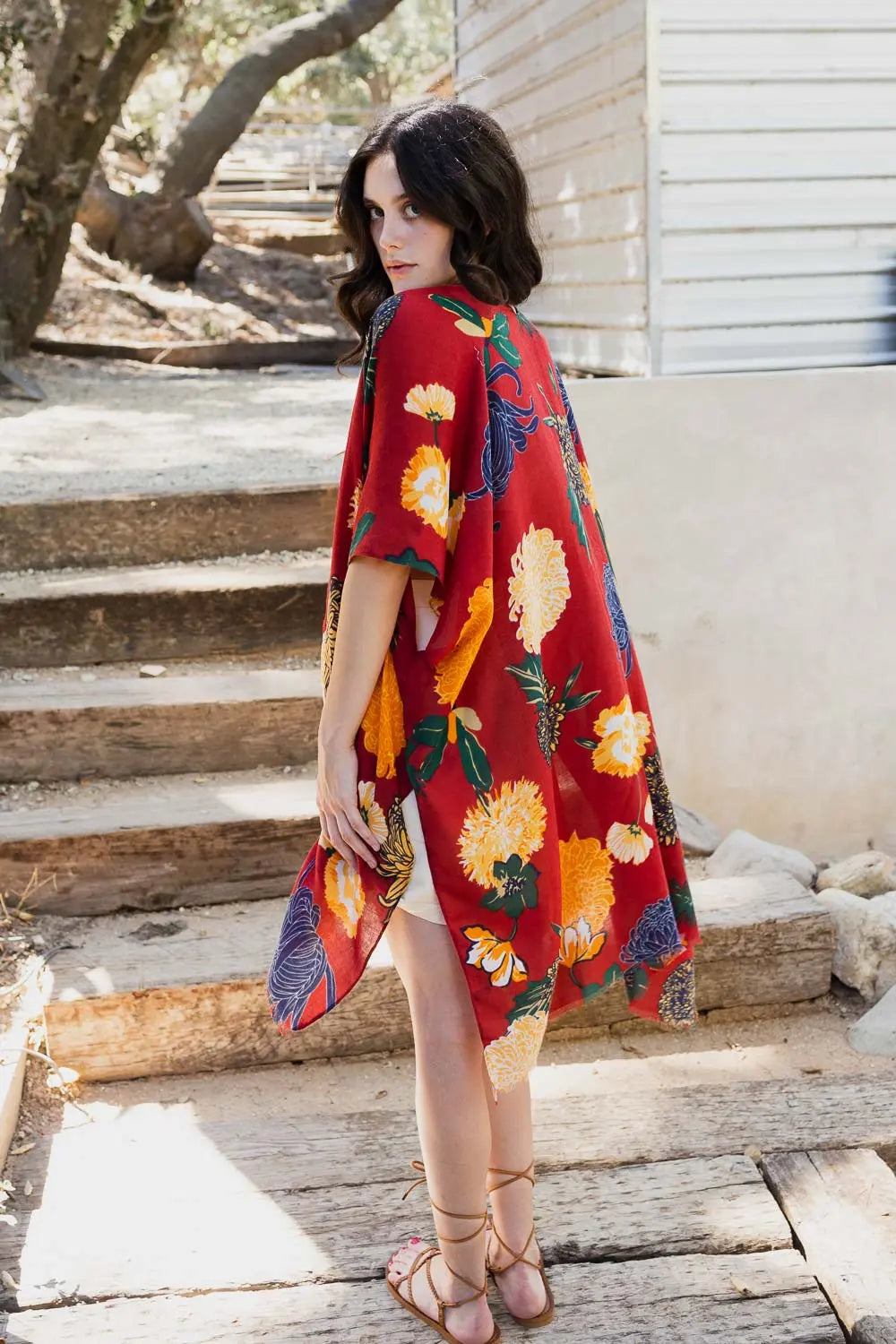 Floral Motif Combo Kimono - Boho Clothing and Accessories - Flyclothing LLC