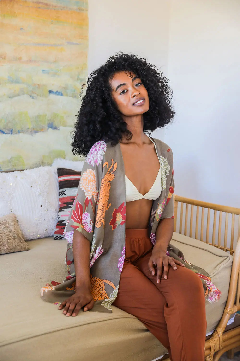 Floral Motif Combo Kimono - Boho Clothing and Accessories - Flyclothing LLC