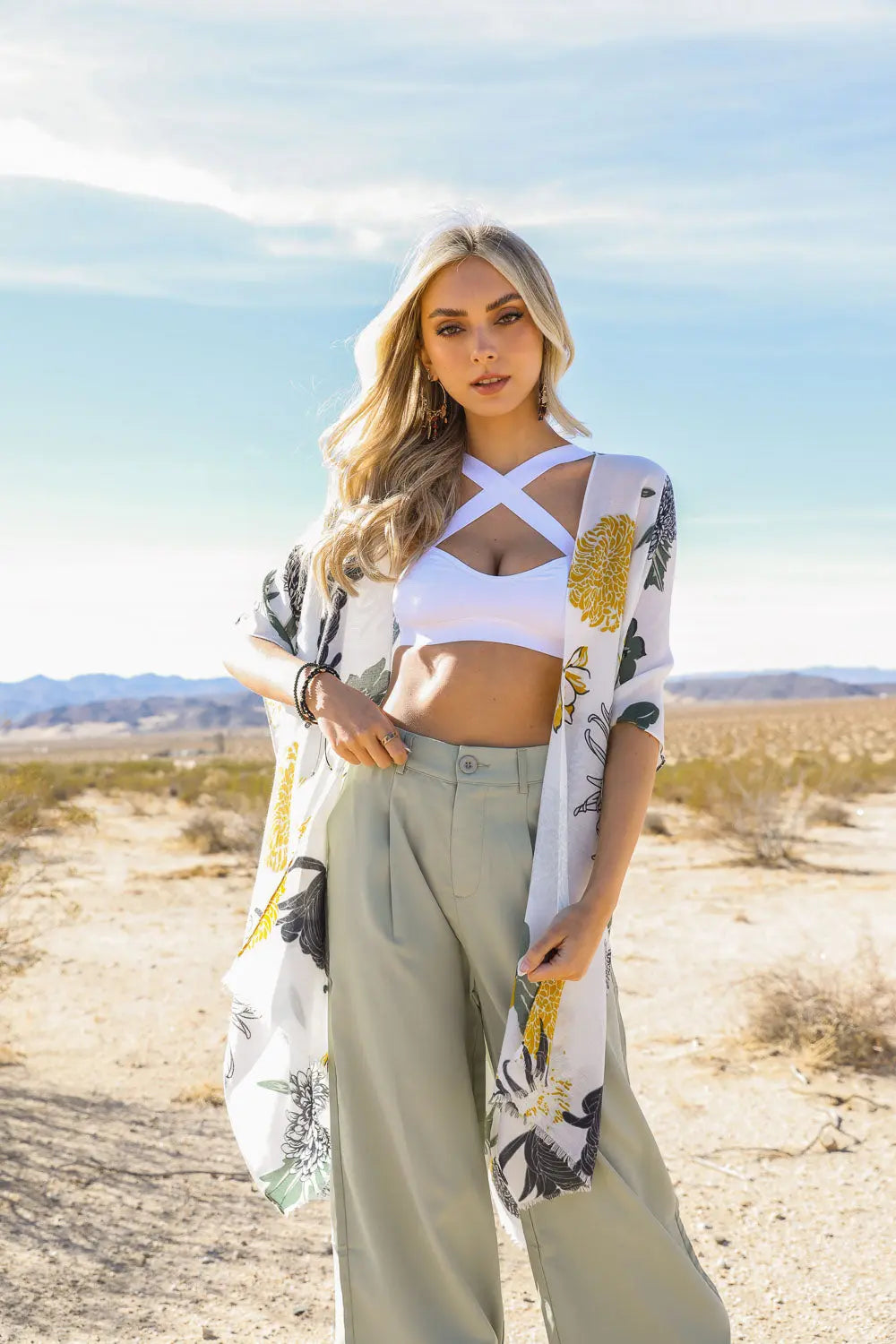 Floral Motif Combo Kimono - Boho Clothing and Accessories - Flyclothing LLC