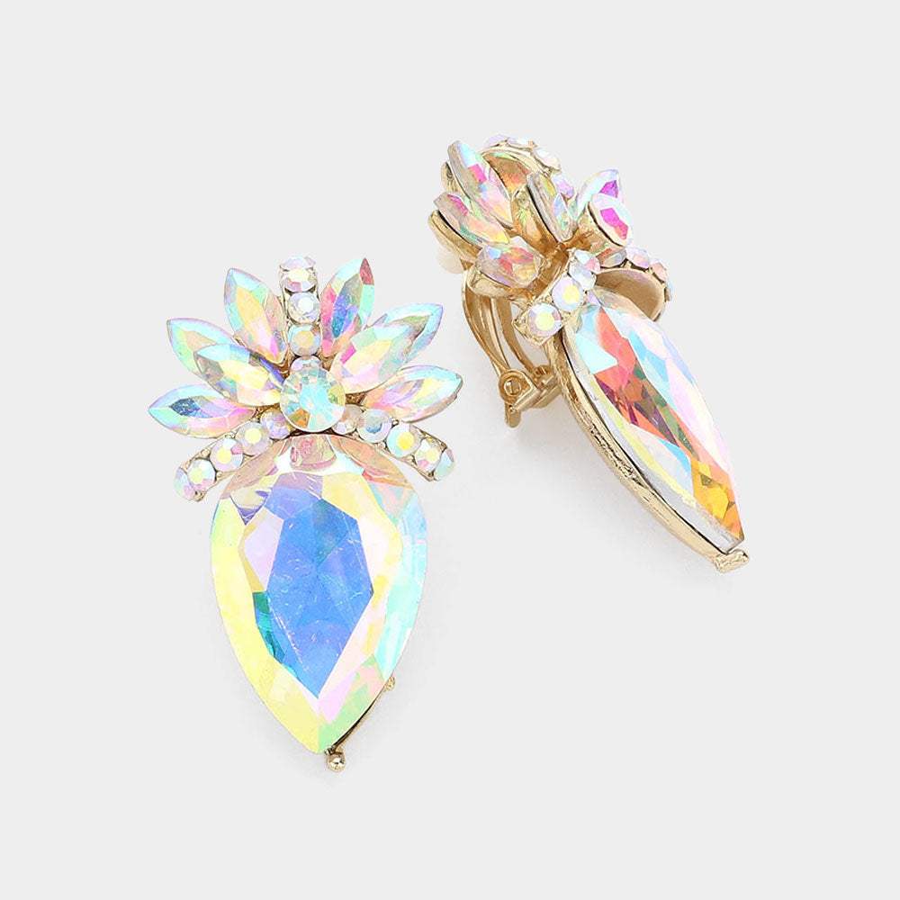 Floral Teardrop Crystal Clip On Earrings - Madeline Love - Flyclothing LLC