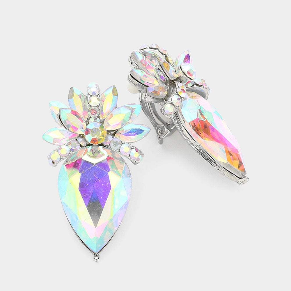 Floral Teardrop Crystal Clip On Earrings - Madeline Love - Flyclothing LLC